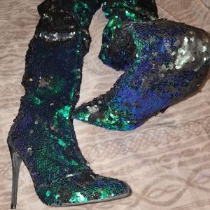 Pleasers Green sequin thigh high boots